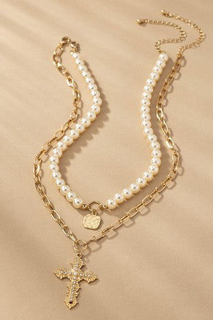 PEARL AND CROSS NECKLACE SET