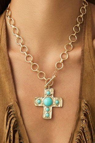 HAMMERED TURQUOISE CROSS NECKLACE