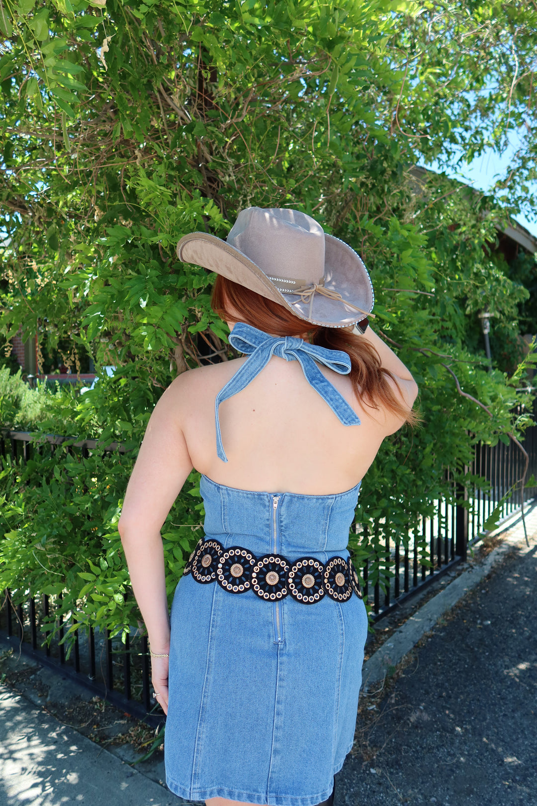The Denim Bow Halter Mini Dress