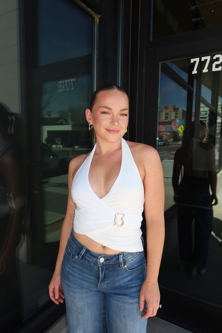 HALTER WRAP CROP TOP - WHITE