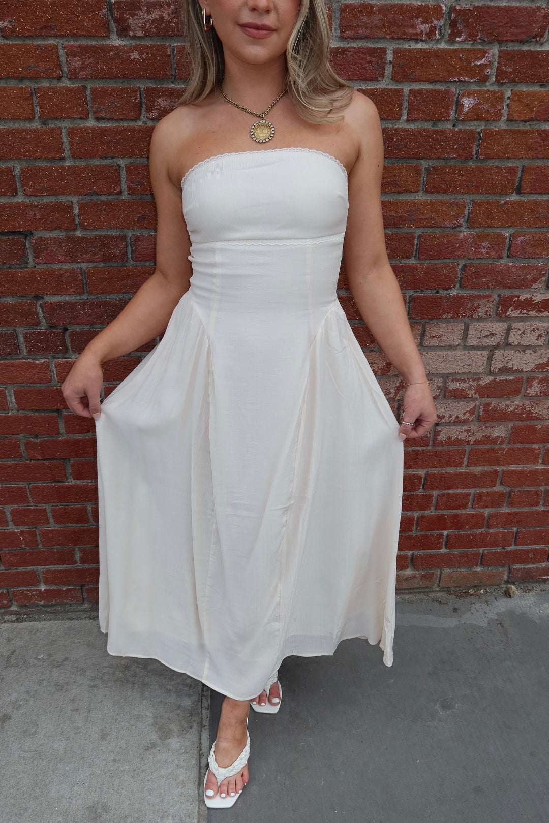 Cream Strapless Lace Trim A-Line Midi Dress