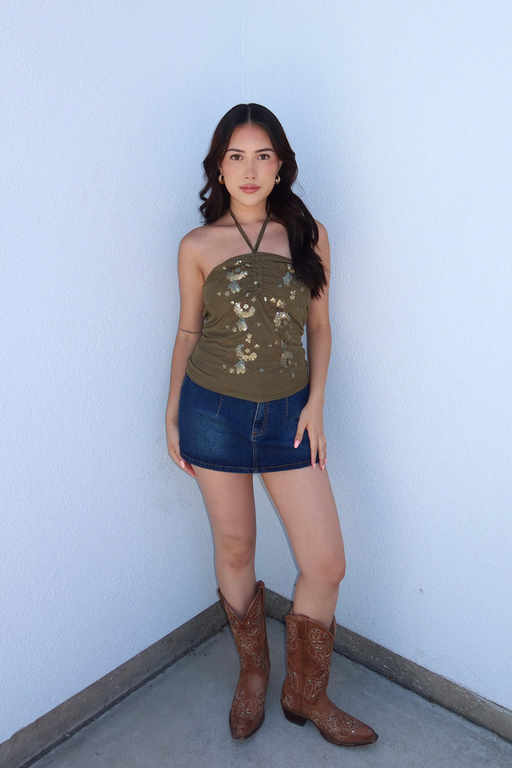 The Kezia Sequin Mesh Halter Top