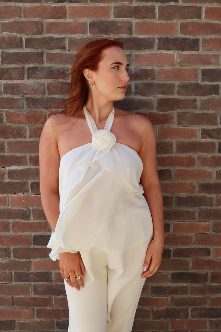 Cream Open-Back Rosette Halter Top
