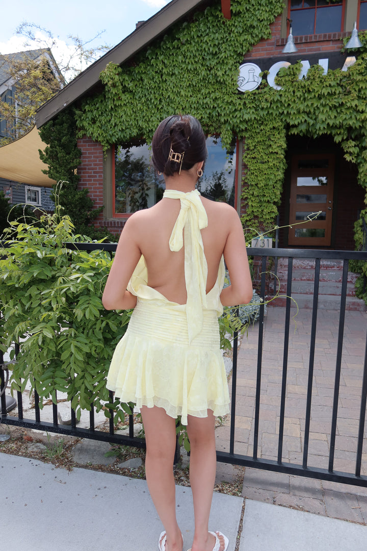 Lemon Floral Embossed Halter Open Back Mini Dress