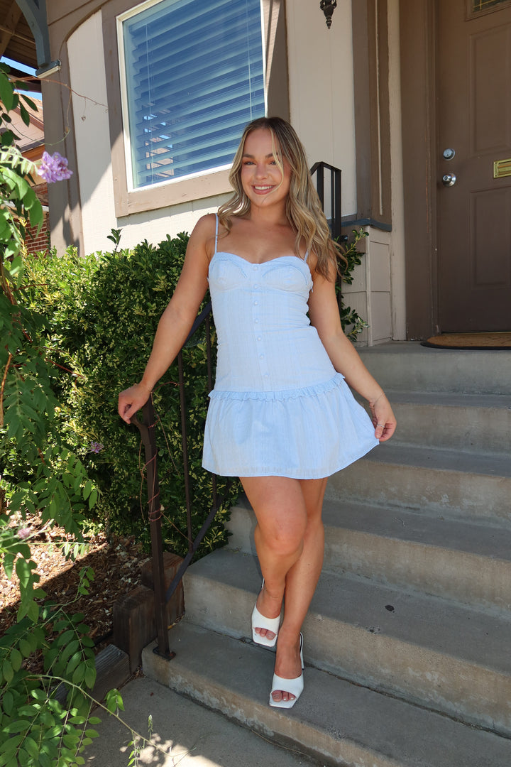 The Blue Eyelet Drop Waist Mini Dress