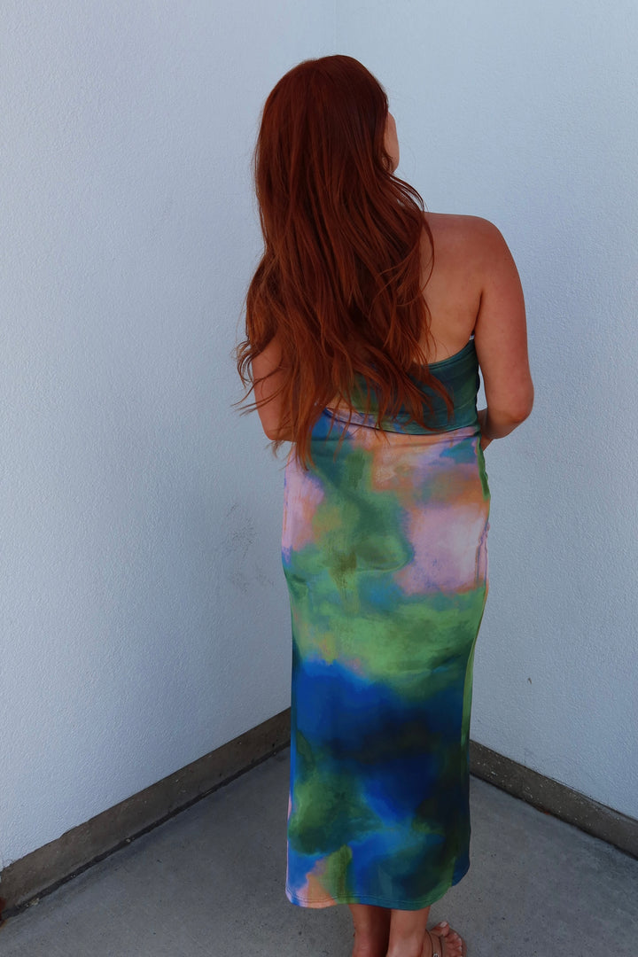 Aurora Watercolor Print Strapless Tube Midi Dress