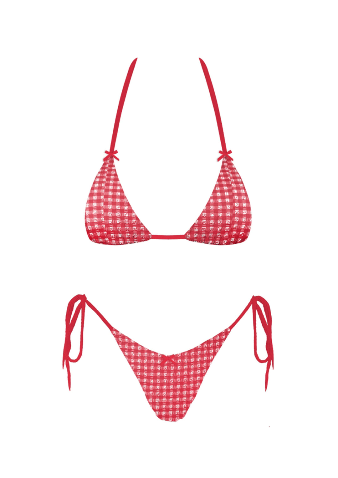 The Cherry Gingham Triangle Bikini Set - Product Graphic Showing Red & White Gingham Triangle Halter Top with Bow Tie Straps & Cheeky Tie-Side Bottoms