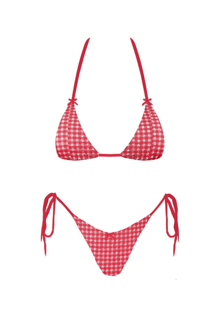 The Cherry Gingham Triangle Bikini Set - Product Graphic Showing Red & White Gingham Triangle Halter Top with Bow Tie Straps & Cheeky Tie-Side Bottoms