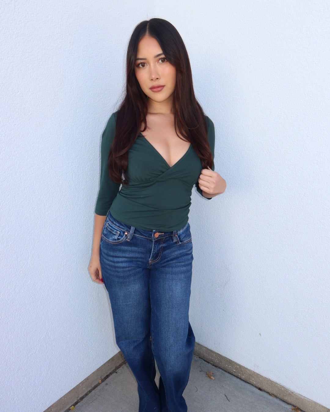 Mia Surplice V-Neck Knit Top - Green