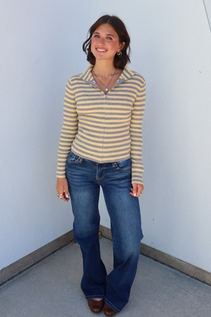 Flinn Striped Funnel Neck Zip-Up Sweater