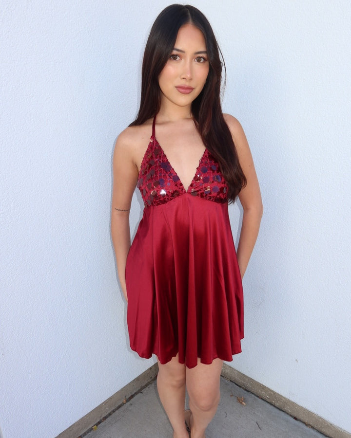 Sylvia Sequin Satin Halter Mini Dress - Burgundy