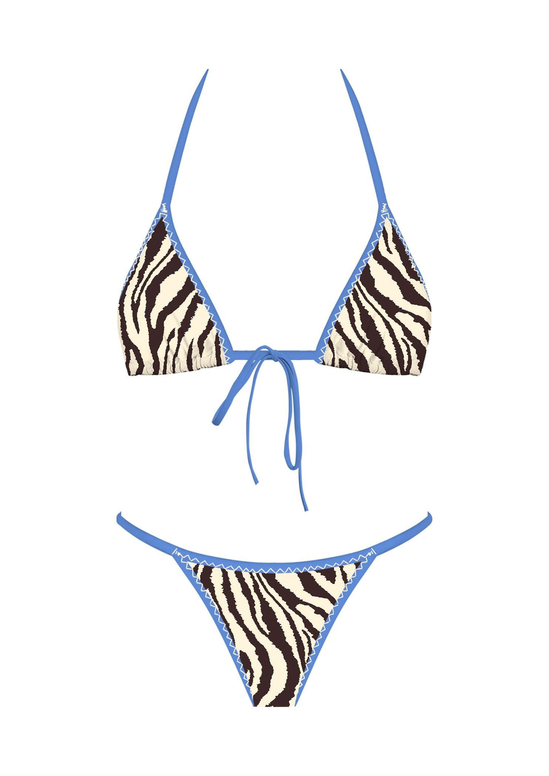 The Sorrento Bikini Set - Product Graphic on White Background Showing Full Set — Zebra Triangle Top with Blue Rik-Rak Trim & Fixed Mid-Rise Cheeky Bottoms