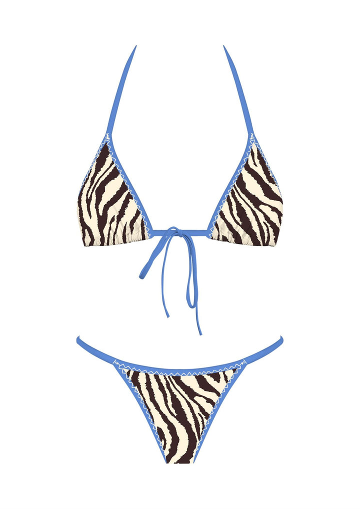 The Sorrento Bikini Set - Product Graphic on White Background Showing Full Set — Zebra Triangle Top with Blue Rik-Rak Trim & Fixed Mid-Rise Cheeky Bottoms