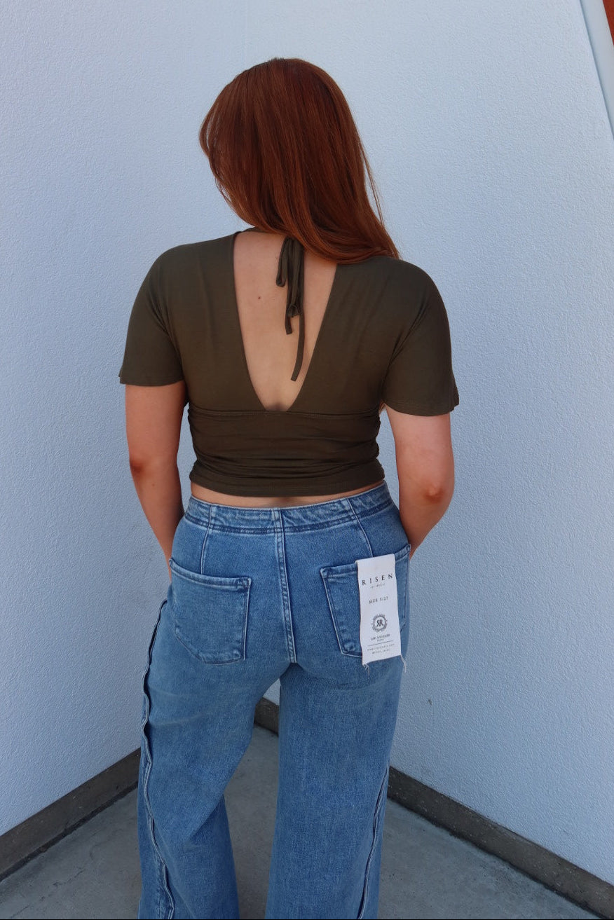 Simone Short Sleeve V-Neck Top - Olive