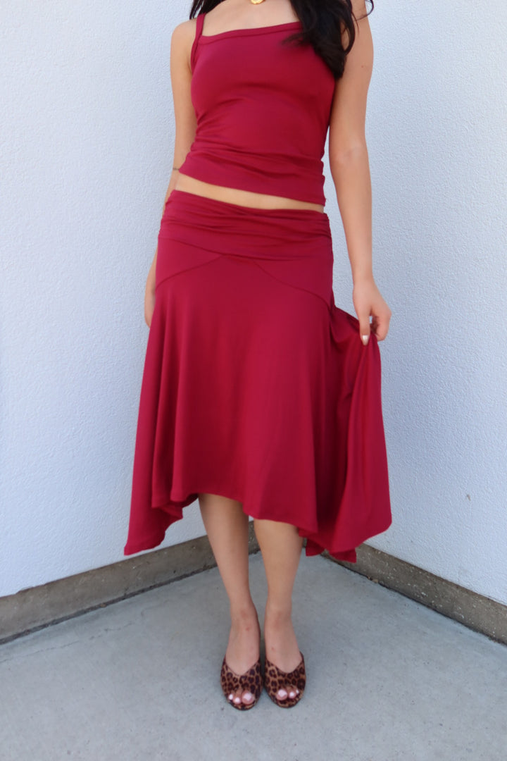 The Abigail Assymetrical Midi Skirt - Burgundy
