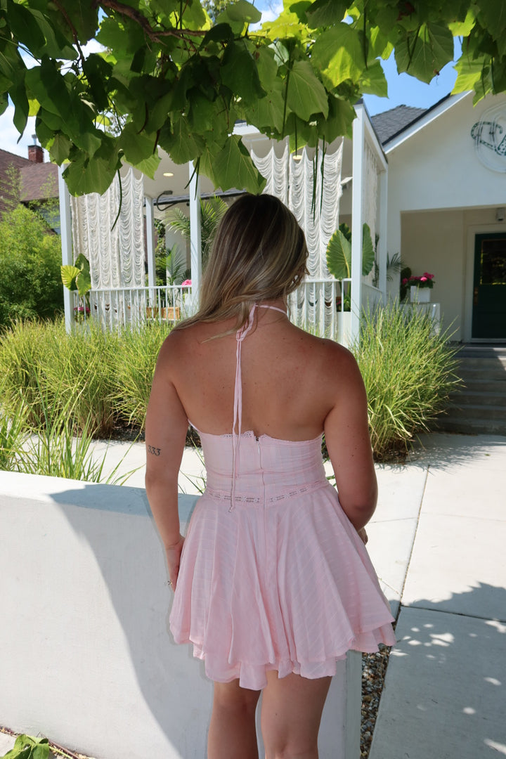 The Jorgie Lace Trim Halter Mini Dress — Blush
