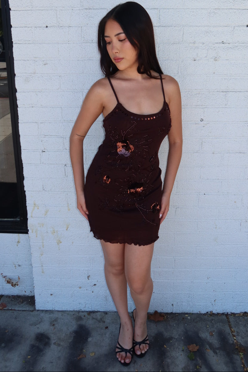 Catalina Beaded Mini Dress — Brown