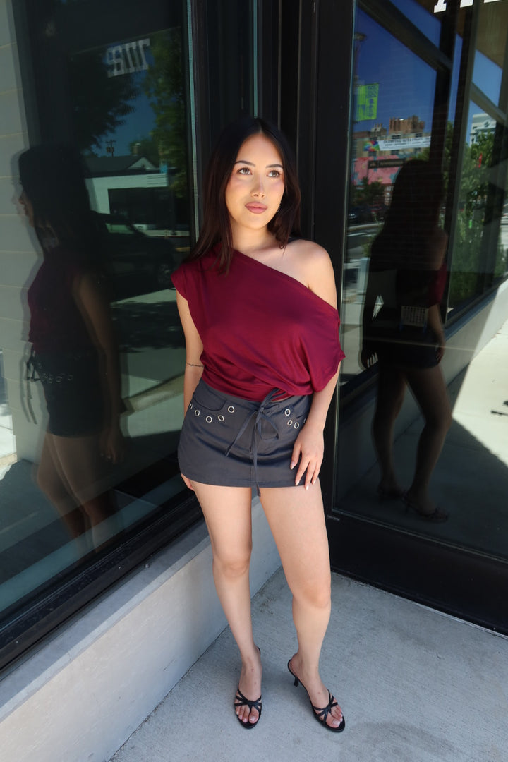 Almeda Asymmetrical Off-Shoulder Top — Burgundy
