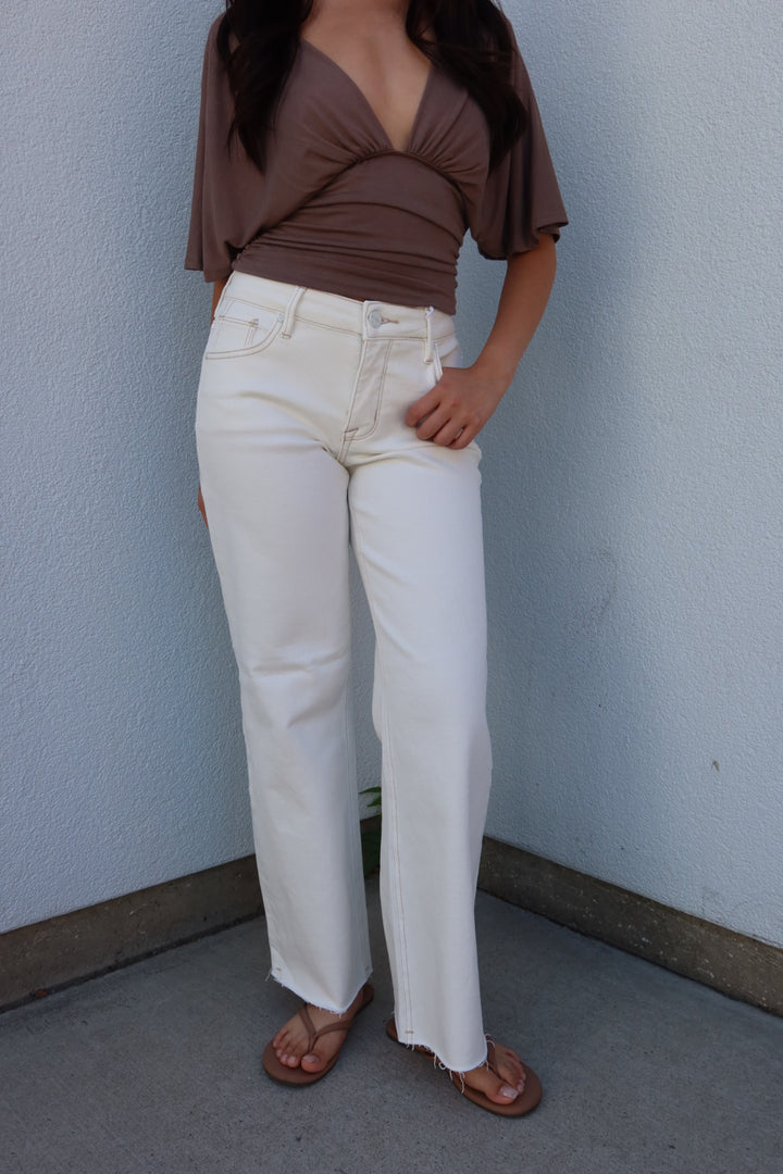 Risen Mid Rise Ankle Straight Raw Hem Pants — Cream