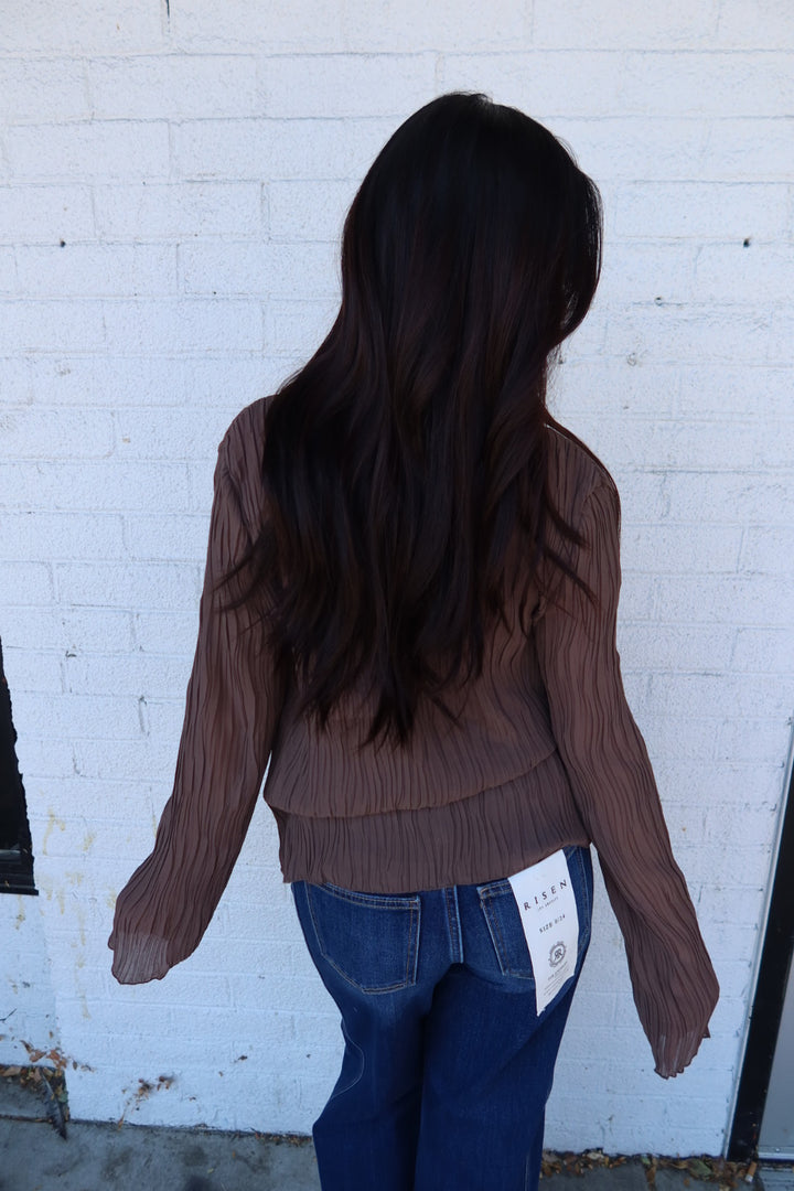 Daily Collared Button Down Plisse Top - Brown
