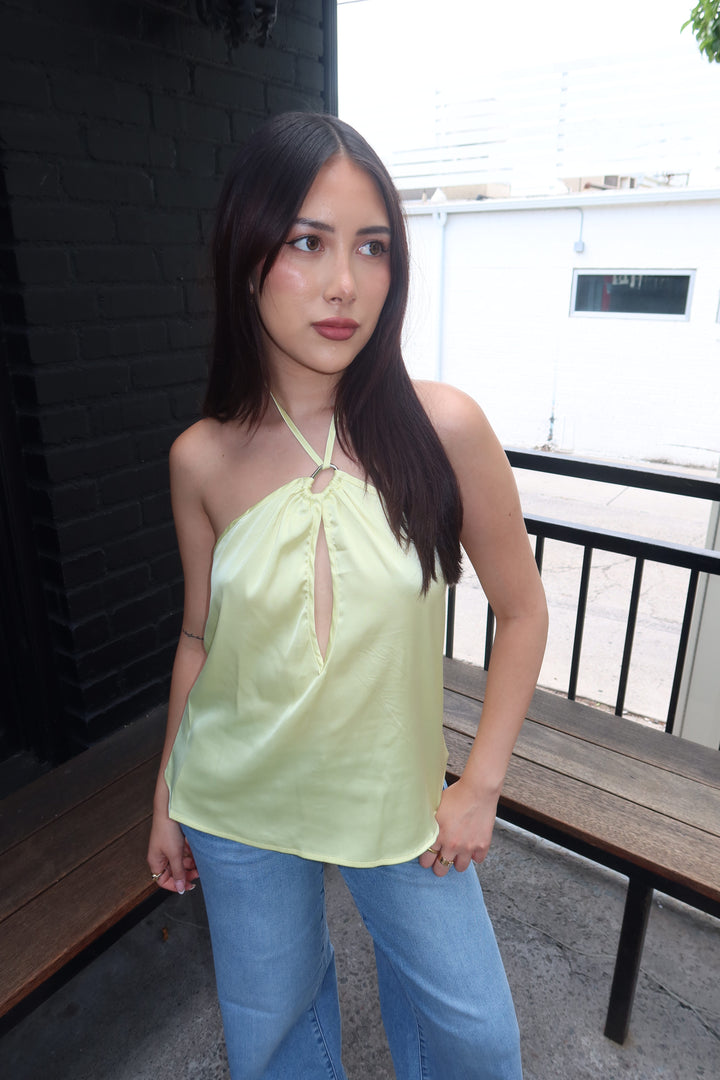 The Zenaye Cut Out Satin Halter Top — Lemon