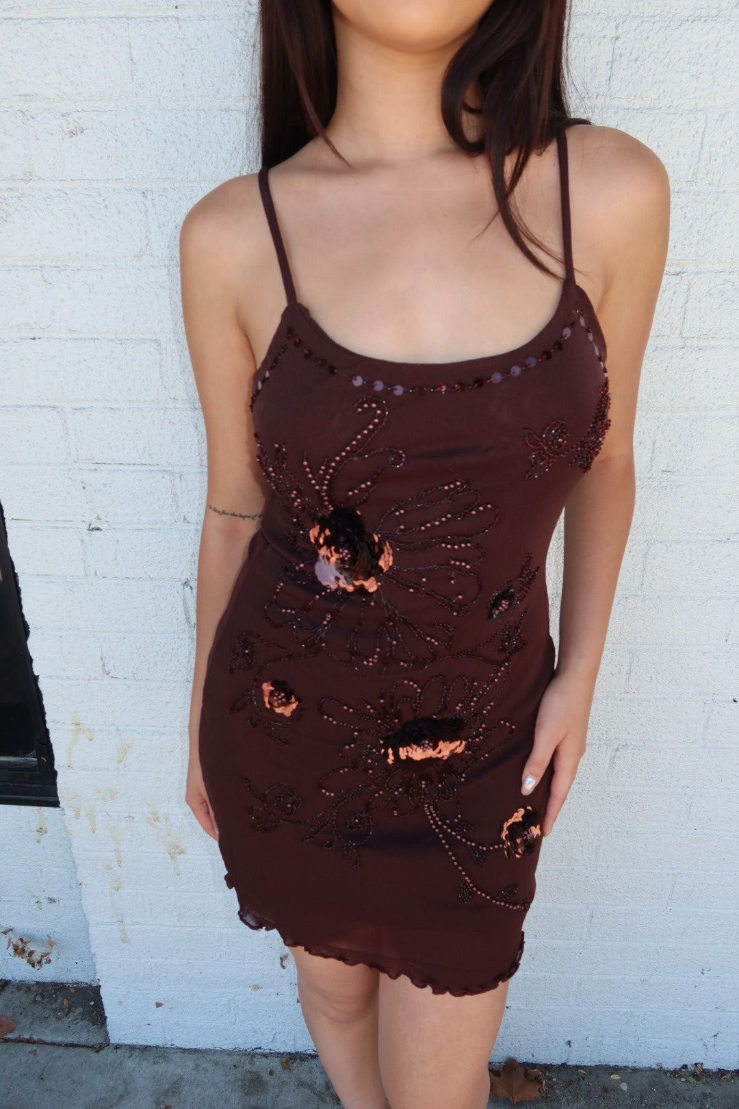 Catalina Beaded Mini Dress — Brown