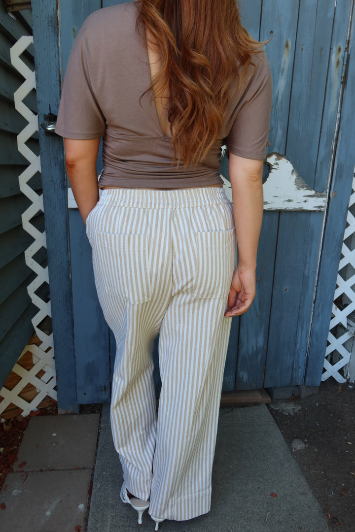 Kozetta Striped Drawstring Pants — Taupe