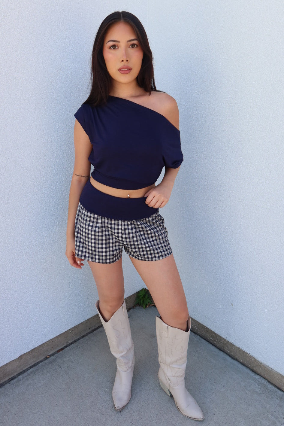 Almeda Asymmetrical Off-Shoulder Top — Navy