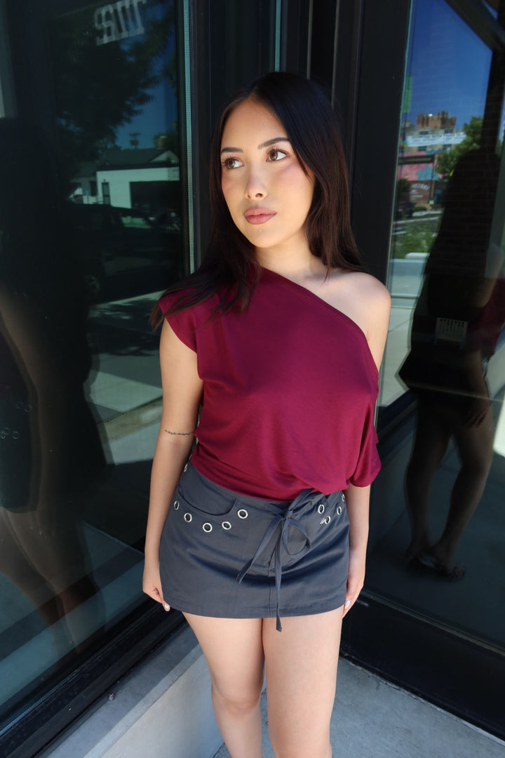 Almeda Asymmetrical Off-Shoulder Top — Burgundy