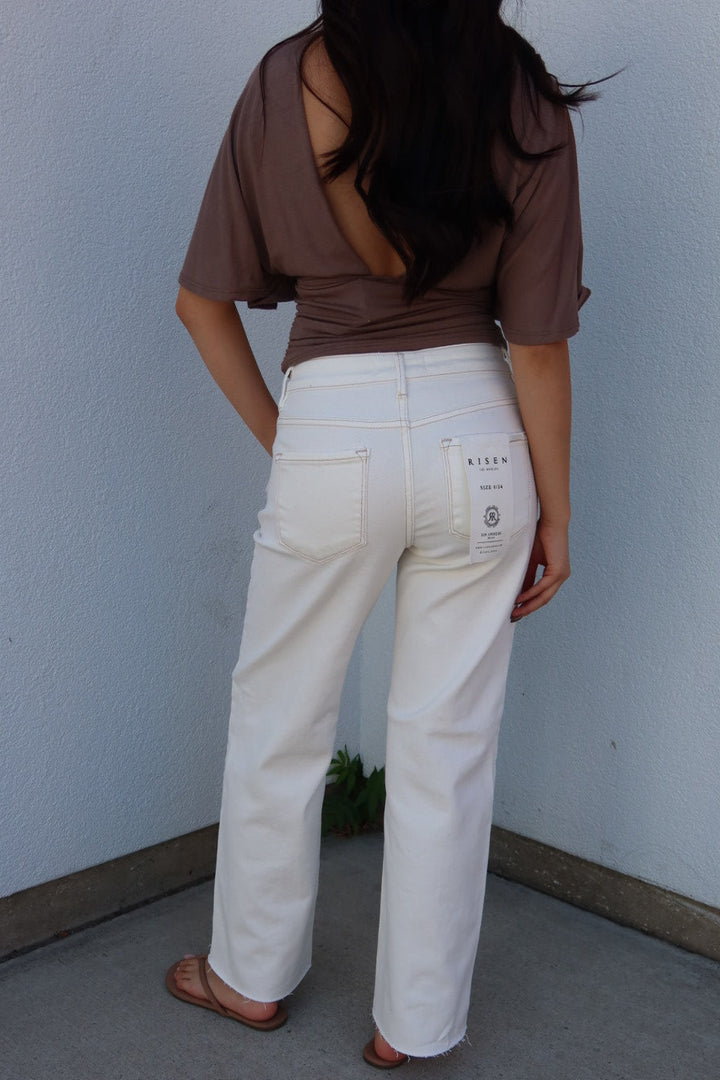 Risen Mid Rise Ankle Straight Raw Hem Pants — Cream