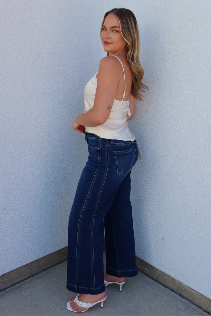 Risen Mid Rise Ankle Wide Leg Jeans - Dark Wash