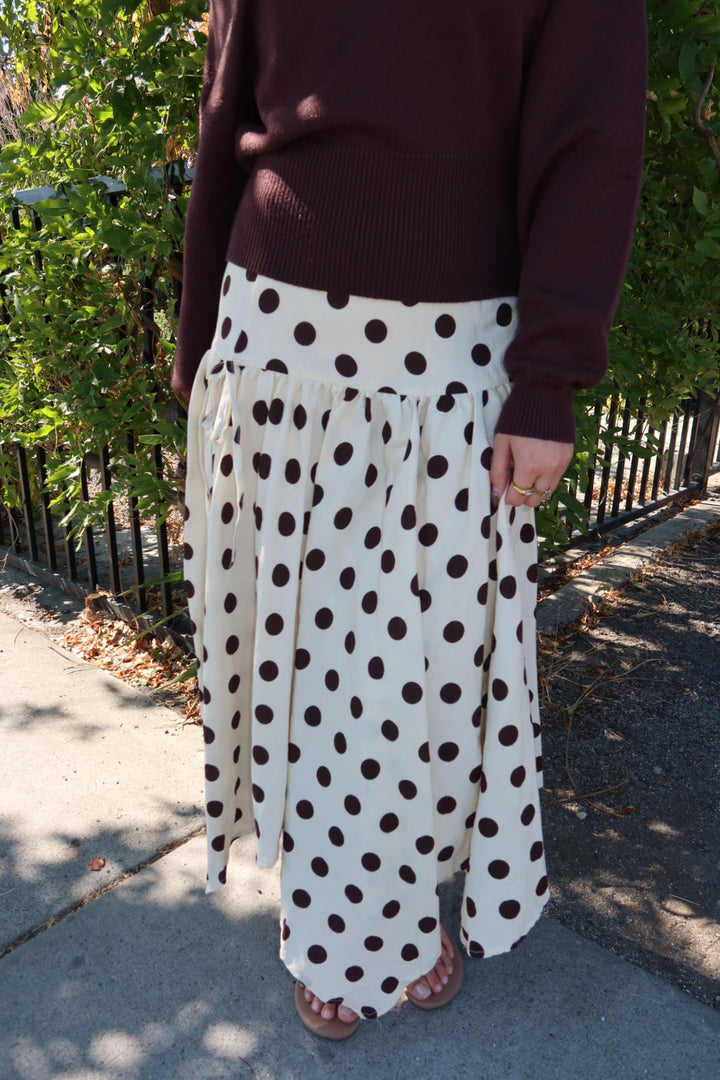 Cielo Polka Dot Drop Waist Midi Skirt