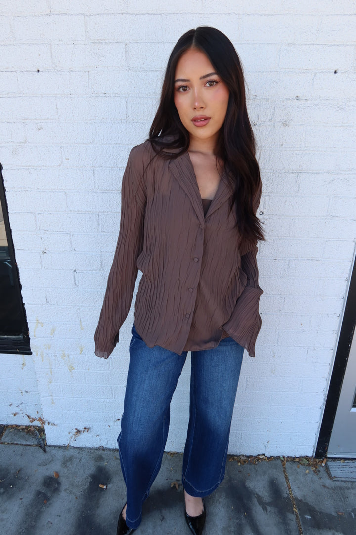 Daily Collared Button Down Plisse Top - Brown