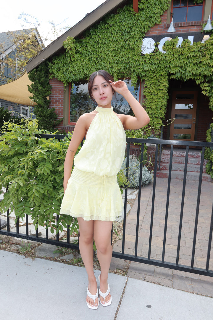 Lemon Floral Embossed Halter Open Back Mini Dress