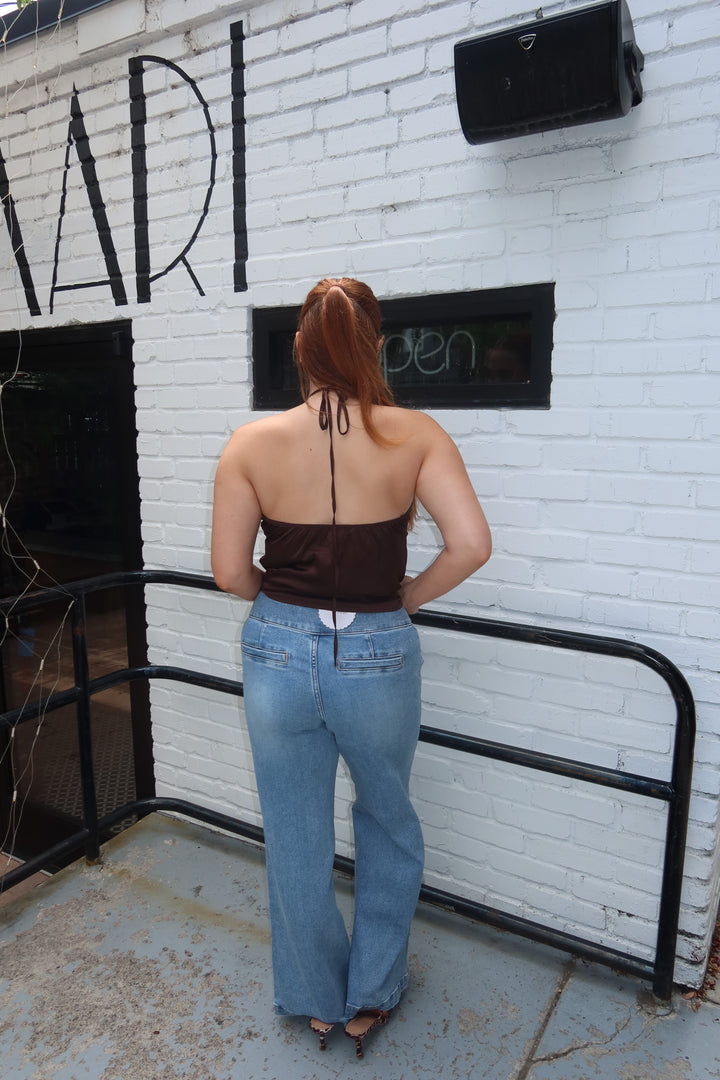 The Zenaye Cut Out Satin Halter Top — Brown