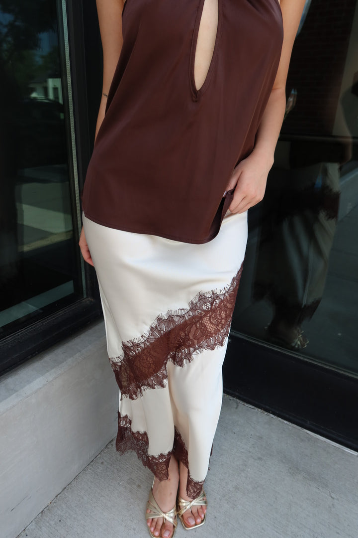 Reynolds Satin Lace Trim Midi Skirt