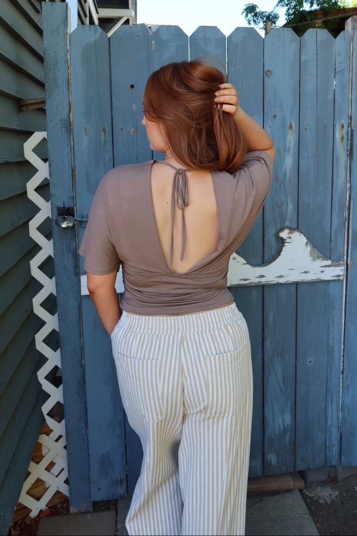 Simone Short Sleeve V-Neck Top — Taupe