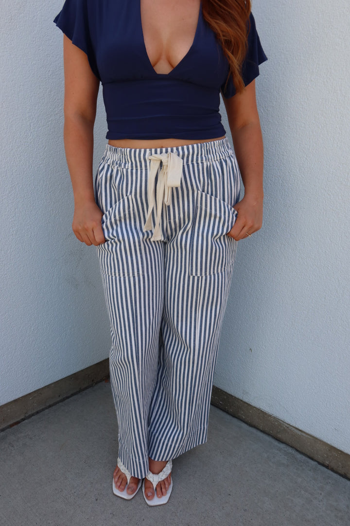 Kozetta Striped Drawstring Pants — Navy