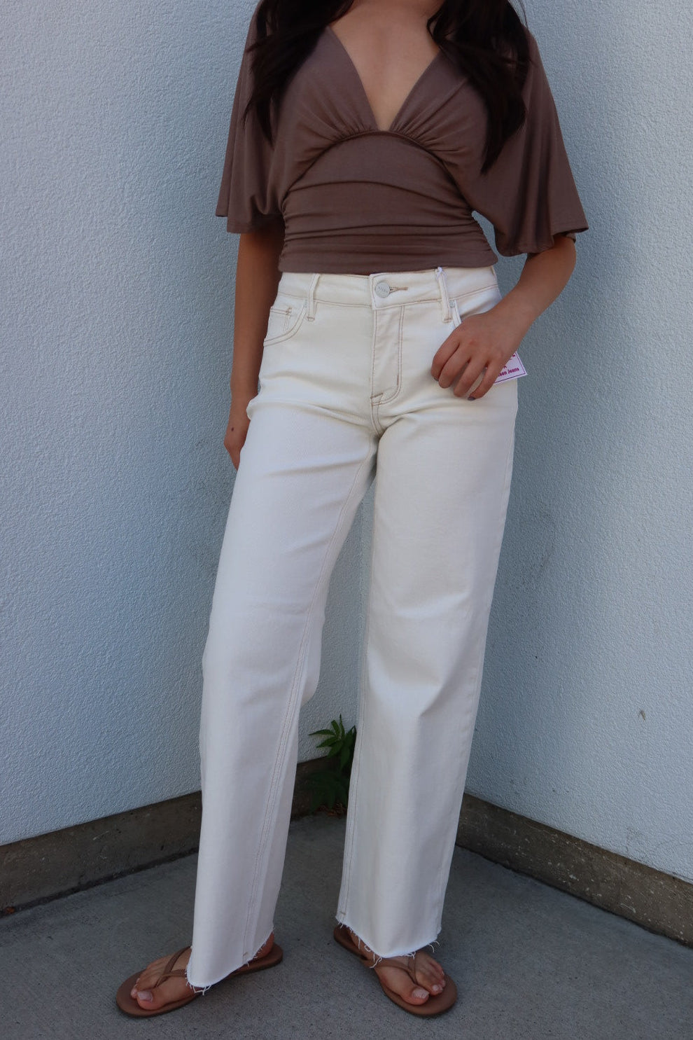 Risen Mid Rise Ankle Straight Raw Hem Pants — Cream