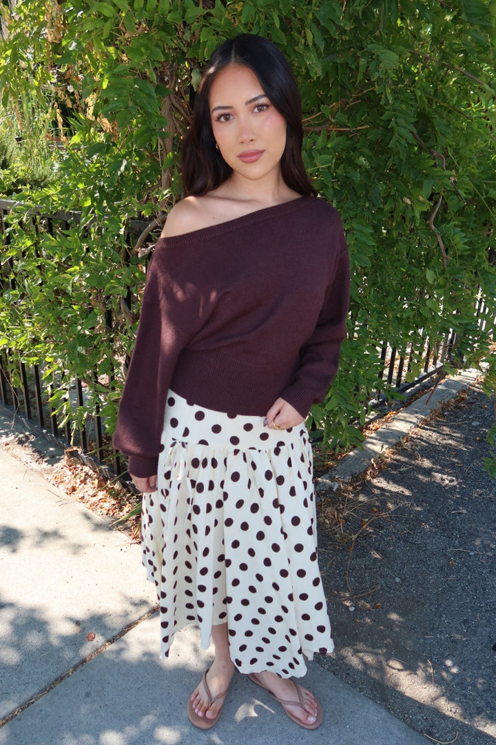 Cielo Polka Dot Drop Waist Midi Skirt