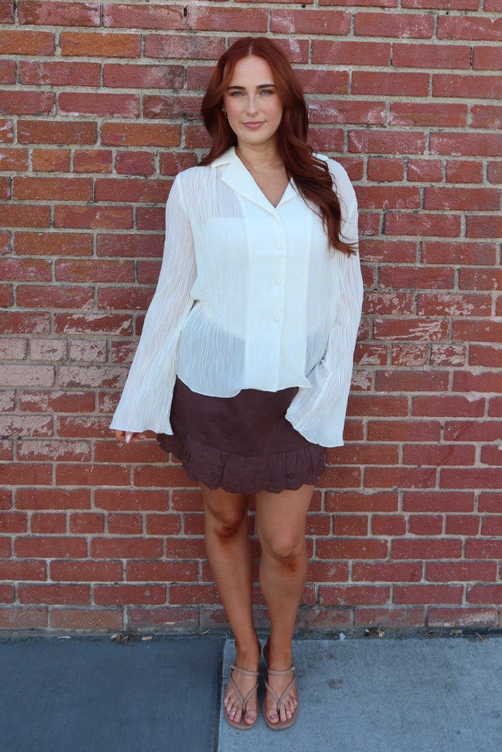 Daily Collared Button Down Plisse Top - Cream