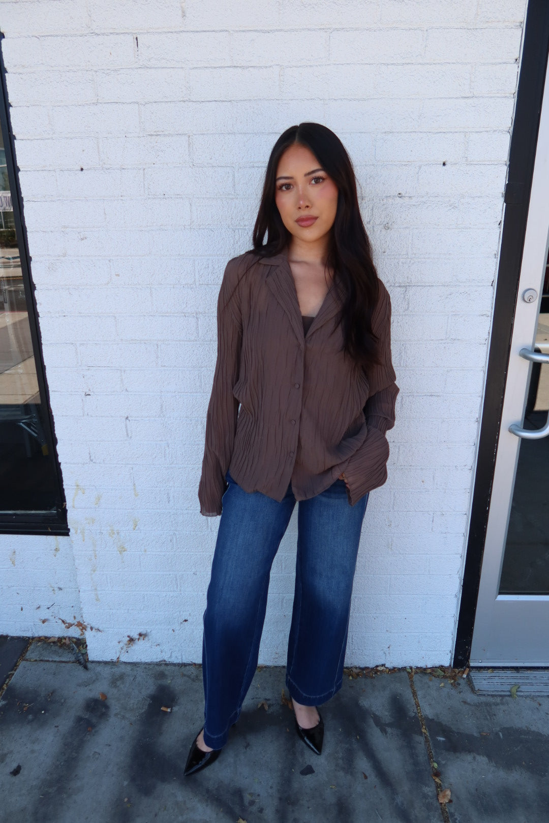 Daily Collared Button Down Plisse Top - Brown