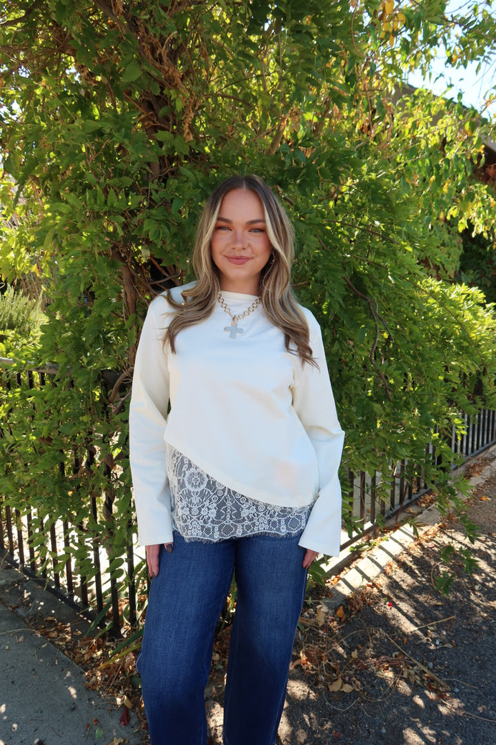Charlie Asymmetric Lace Trim Top - Cream