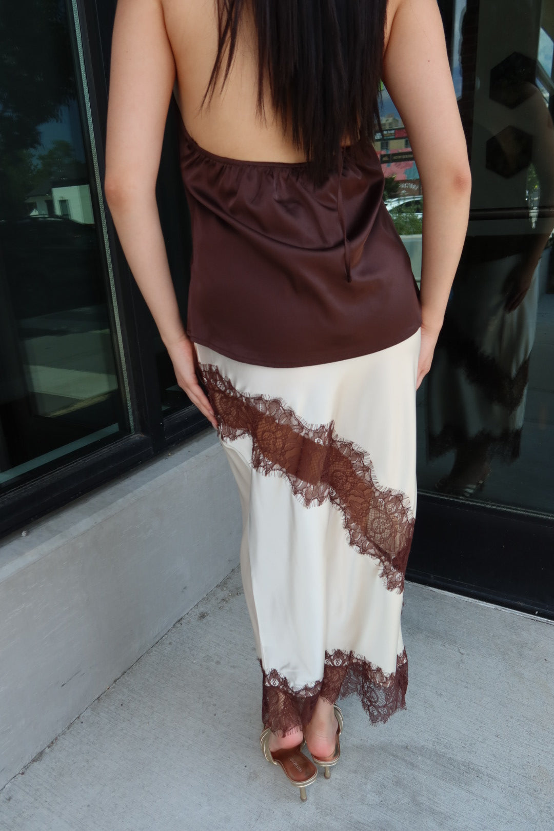 Reynolds Satin Lace Trim Midi Skirt