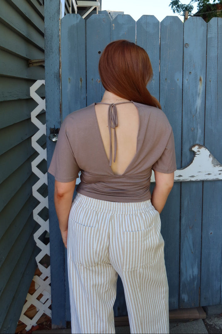 Simone Short Sleeve V-Neck Top — Taupe