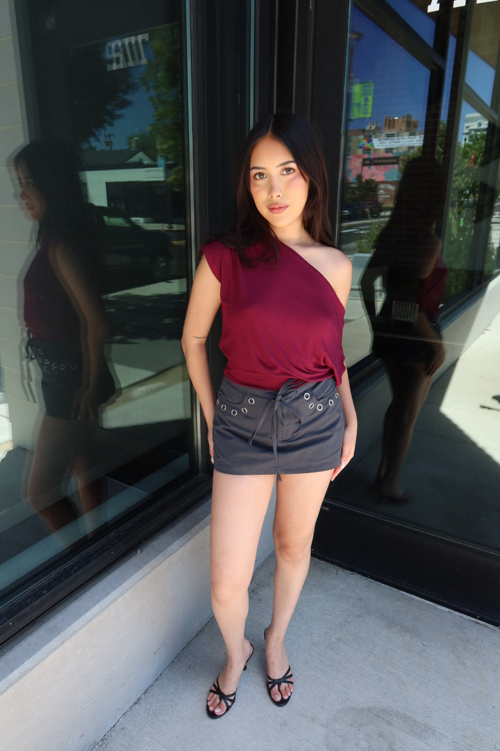 Almeda Asymmetrical Off-Shoulder Top — Burgundy