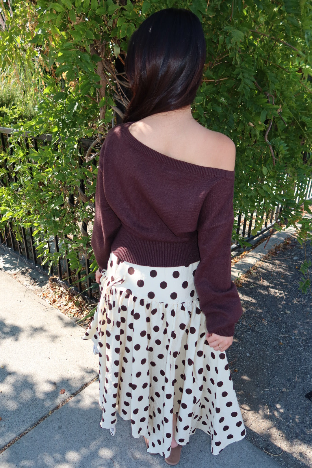 Cielo Polka Dot Drop Waist Midi Skirt