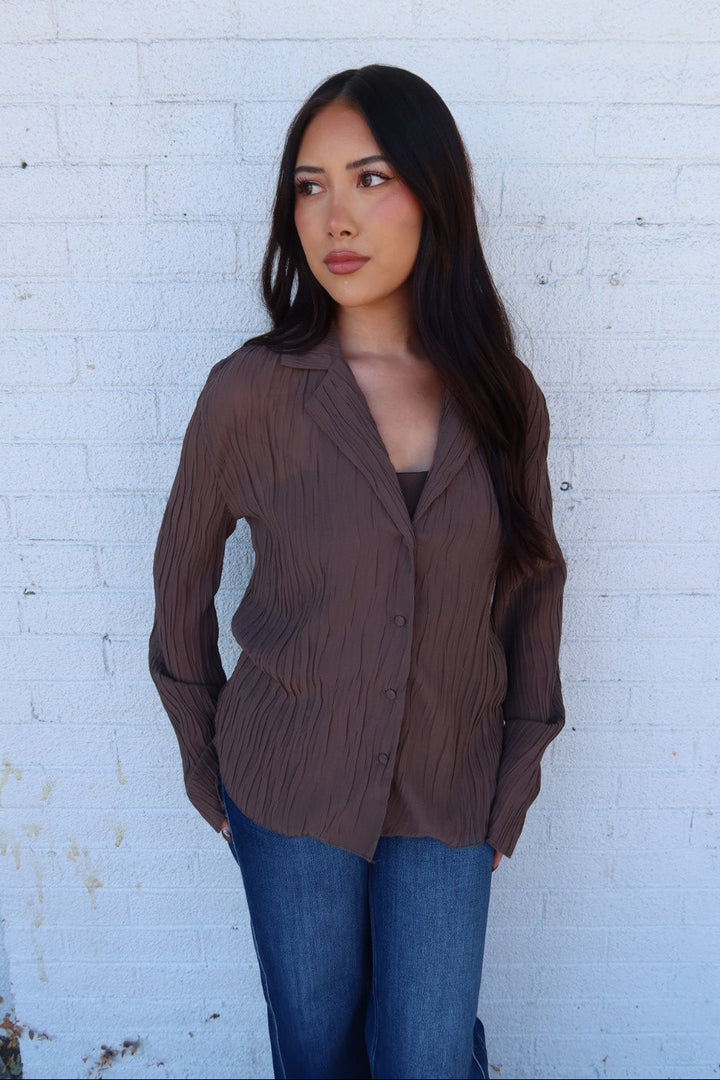 Daily Collared Button Down Plisse Top - Brown
