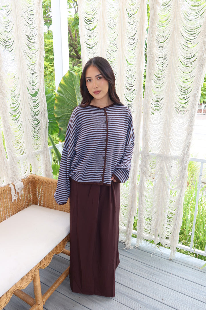 Kiera Striped Long Sleeve Cardigan — Blue