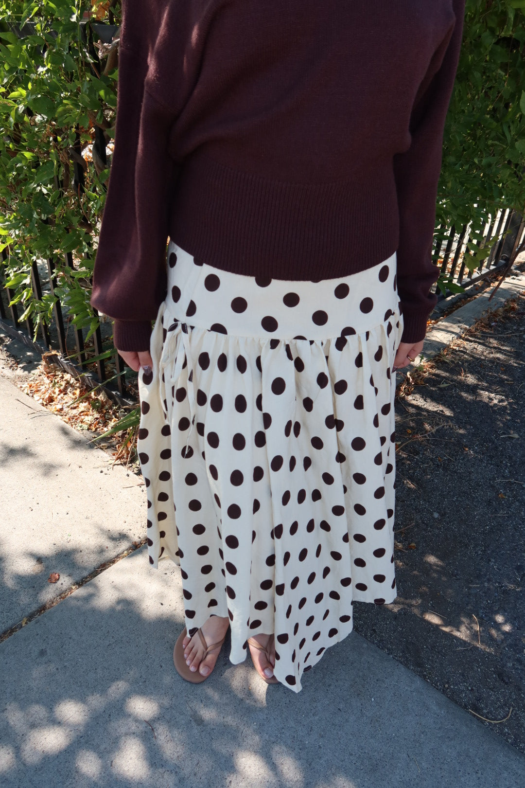 Cielo Polka Dot Drop Waist Midi Skirt